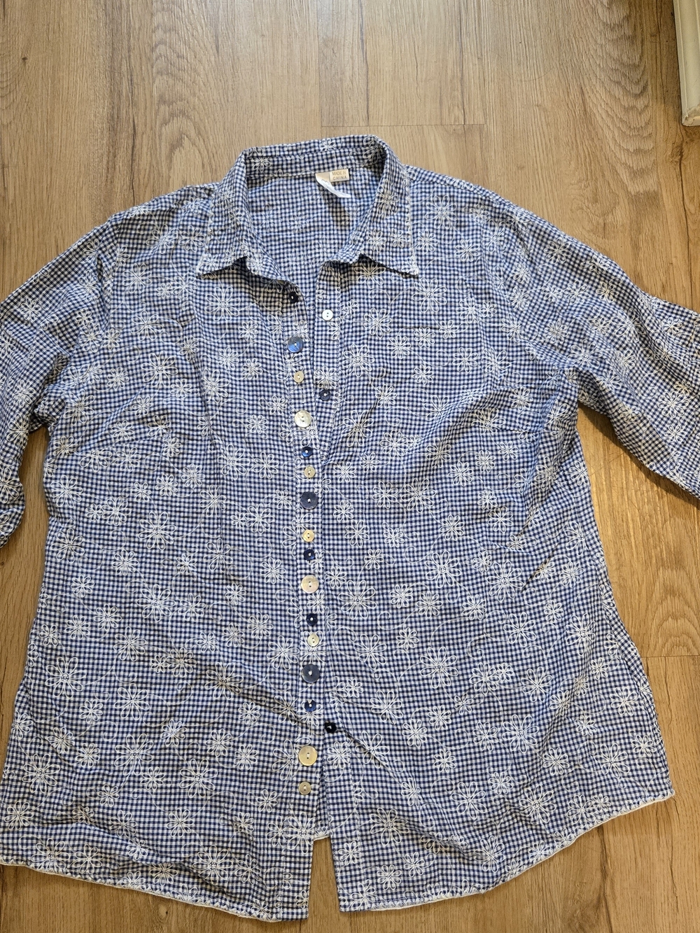 Coastal Grandma Ethyl Blue White Gingham Embroidered Floral Button Up Blouse Lg